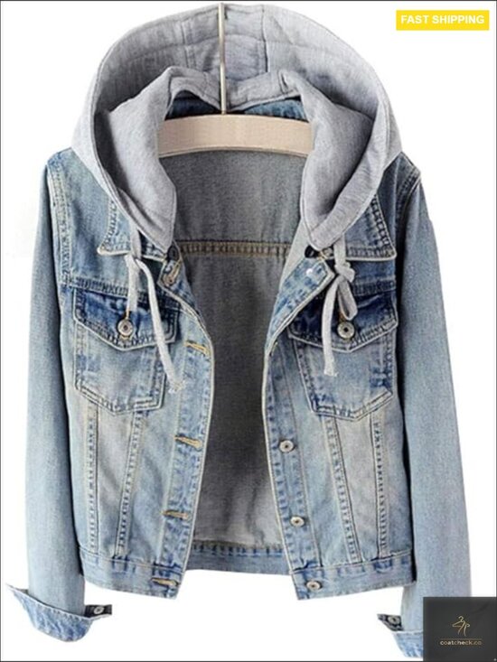 Casual Denim Jacket with Detachable Hoodie Boyfriend Fit Distressed Style